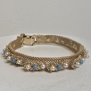 Vintage Faux Bead Gold Tone Mesh- Like Bracelet REPAIR [Read Details]